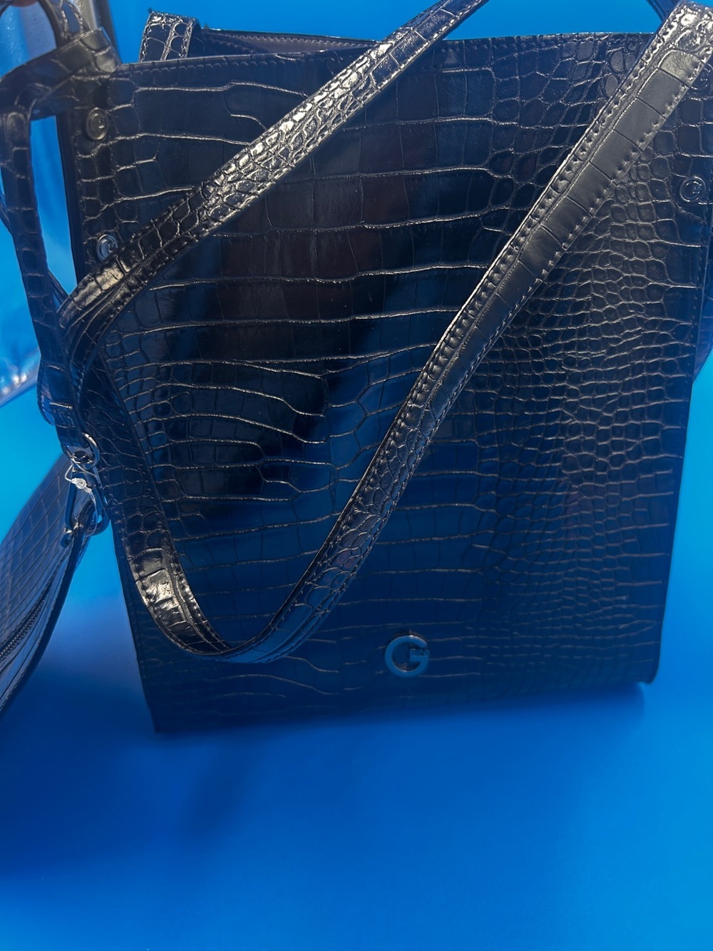 G Bini Black Croc-Embossed Shoulder Bag - G Logo
